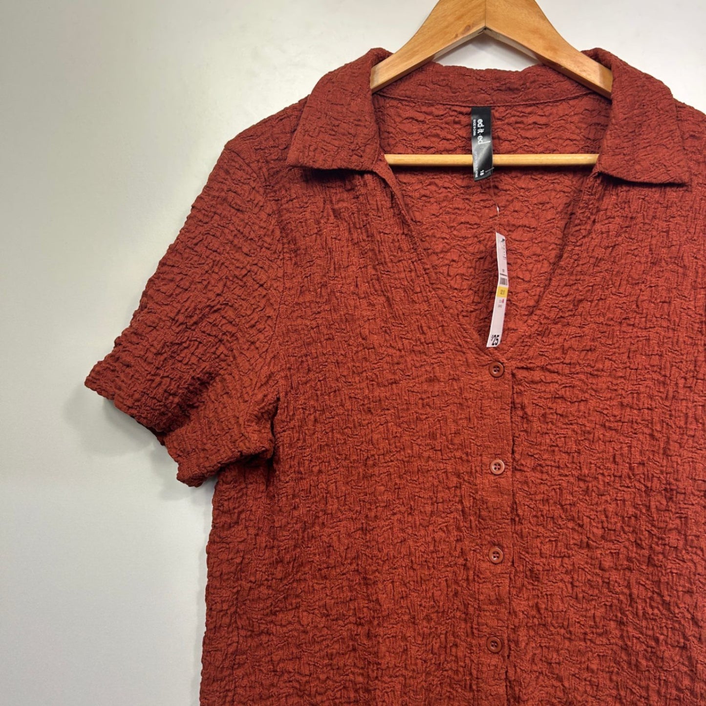 New edited Womens Rust Collared Short Sleeve Ribbed Top Size 18