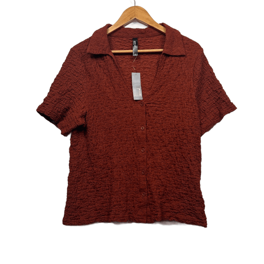 New edited Womens Rust Collared Short Sleeve Ribbed Top Size 18