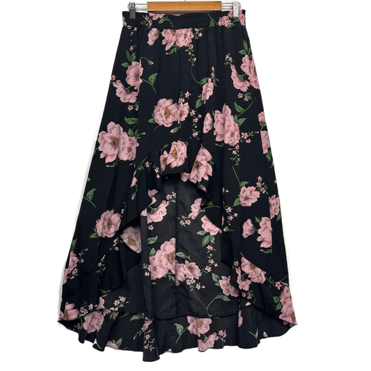 SHEIN Skirt Maxi Size XL 16 Black Pink Floral Hi Low Hem