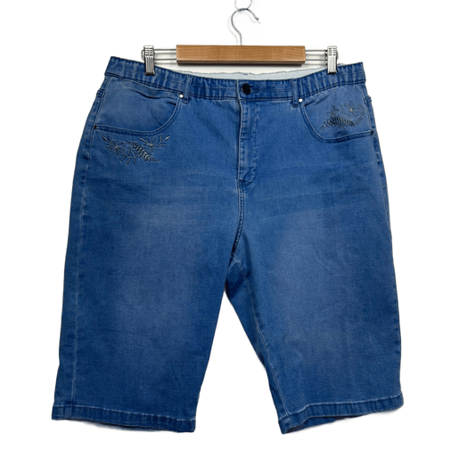 Rockmans Blue Embroidered Cotton Blend Shorts Size 20 Elastic Waist