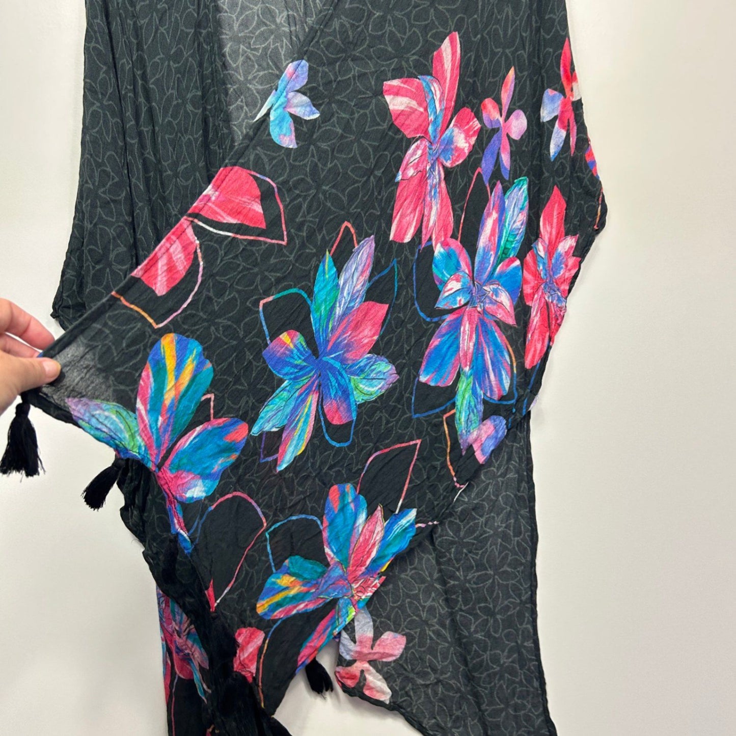 Taking Shape Black Short Sleeve Open Front Cover-Up Kimono One Size