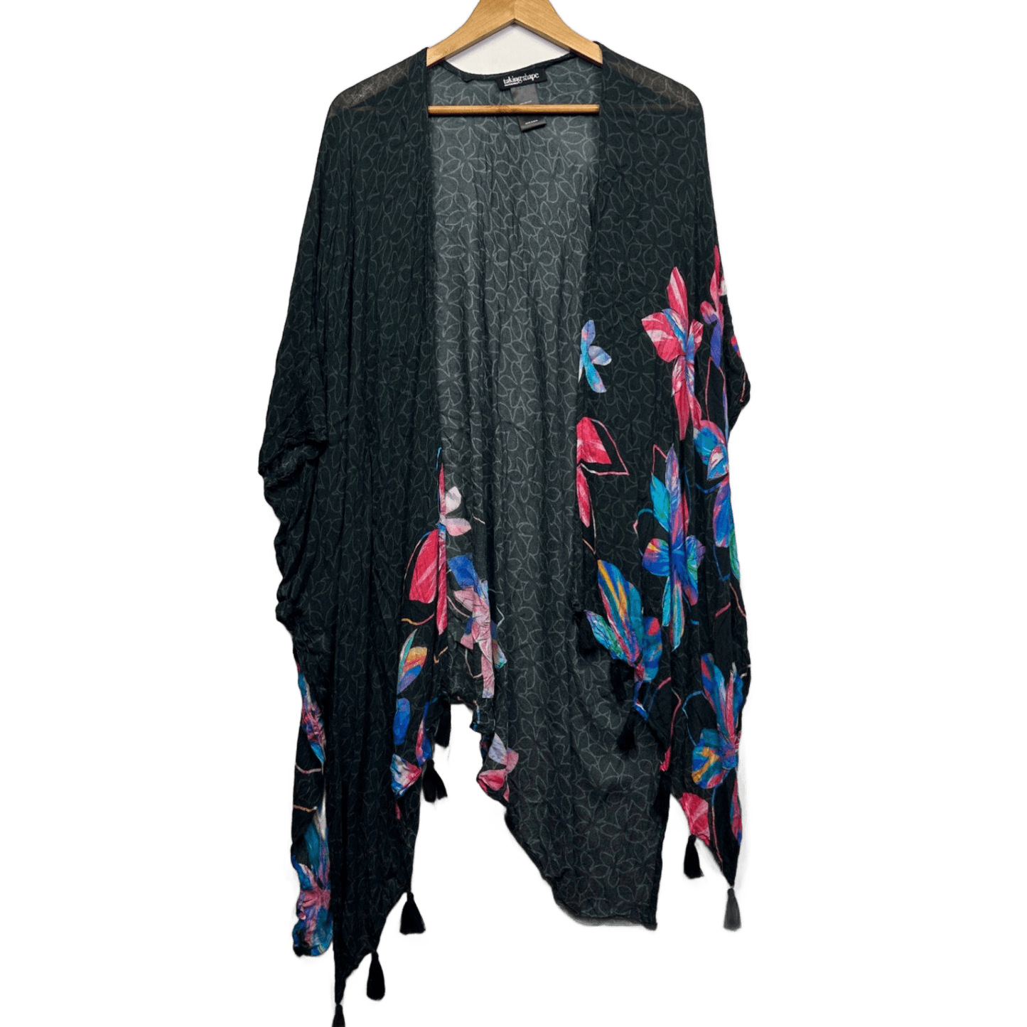 Taking Shape Black Short Sleeve Open Front Cover-Up Kimono One Size