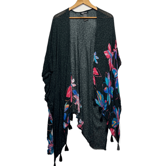 Taking Shape Black Short Sleeve Open Front Cover-Up Kimono One Size