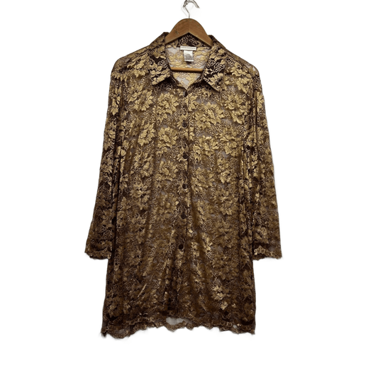 Vintage 1626 Gold Long Sleeve Button Up Lace Overlay Sheer Blouse Top Size 22