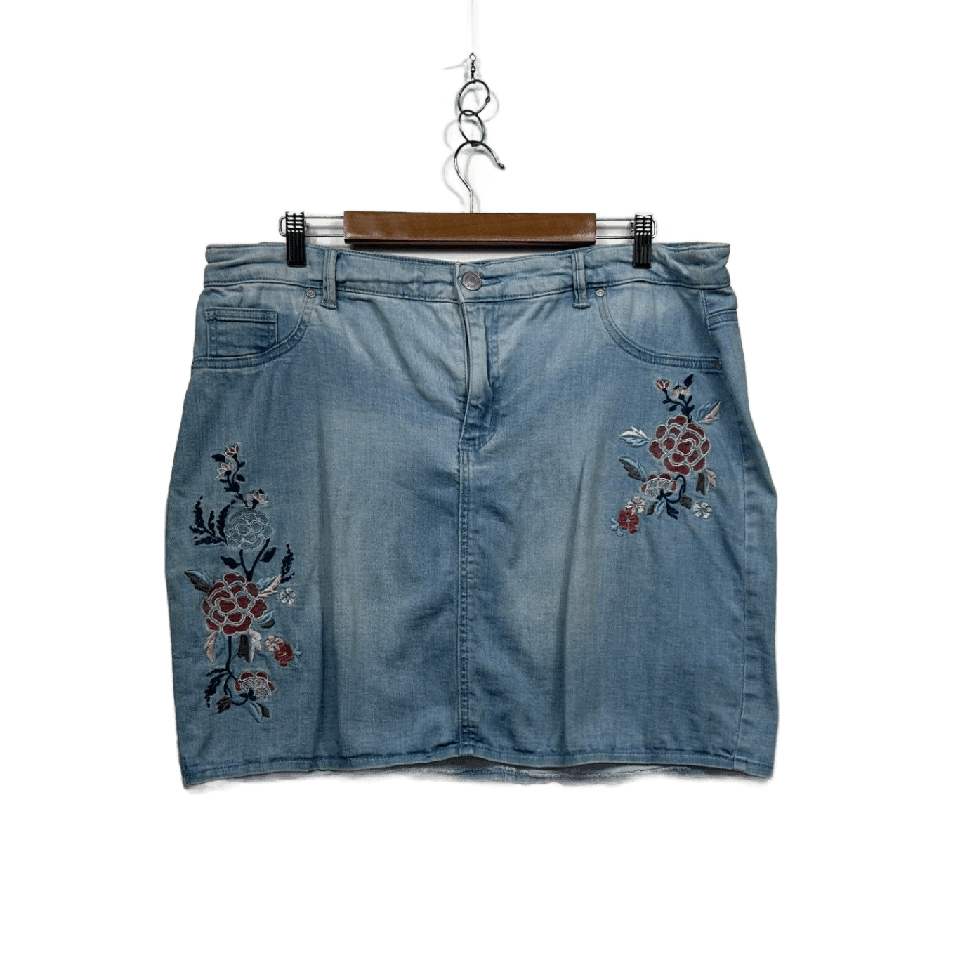Now Womens Cotton Blend Pockets Denim Mini Skirt Size 16 Floral Embroidered