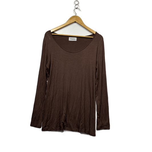 FREEZ Brown Viscose Blend Long Sleeve Round Neck Basic Top Size Large? 14 16