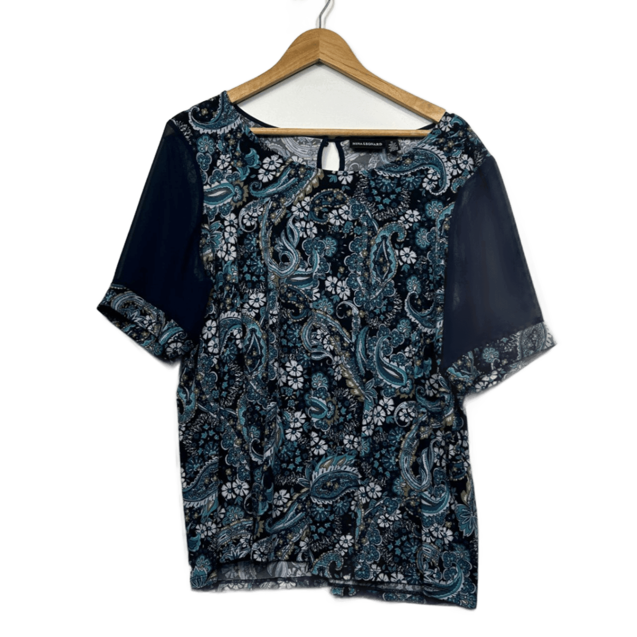 Nina Leonard Blue Paisley Print Short Sleeve Round Neck Top Size 16