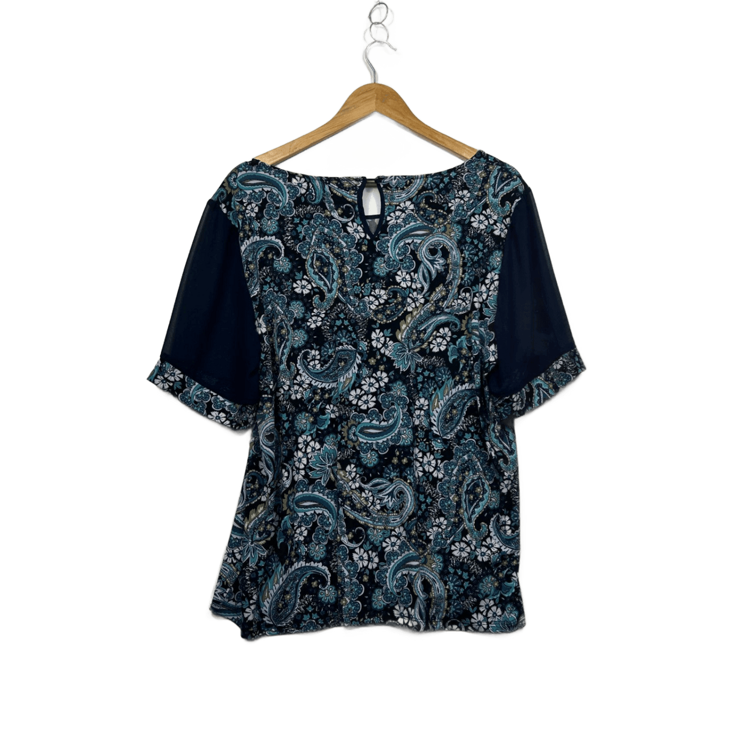 Nina Leonard Blue Paisley Print Short Sleeve Round Neck Top Size 16