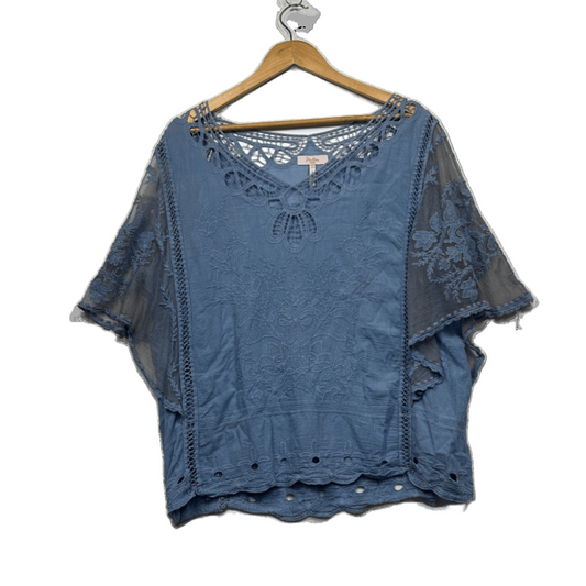 Millers Top Size 20 Crochet Trim Embroidered Blue Boho Short Sleeve