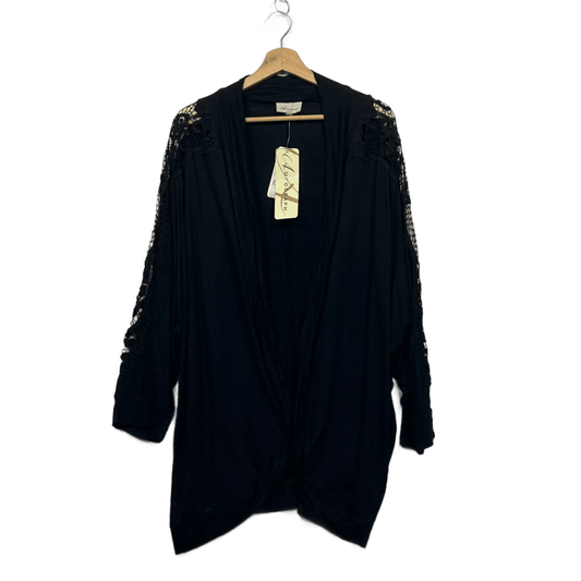Autograph Black Open Front Kimono Duster Jacket Cover Up Size 22 Crochet Trim