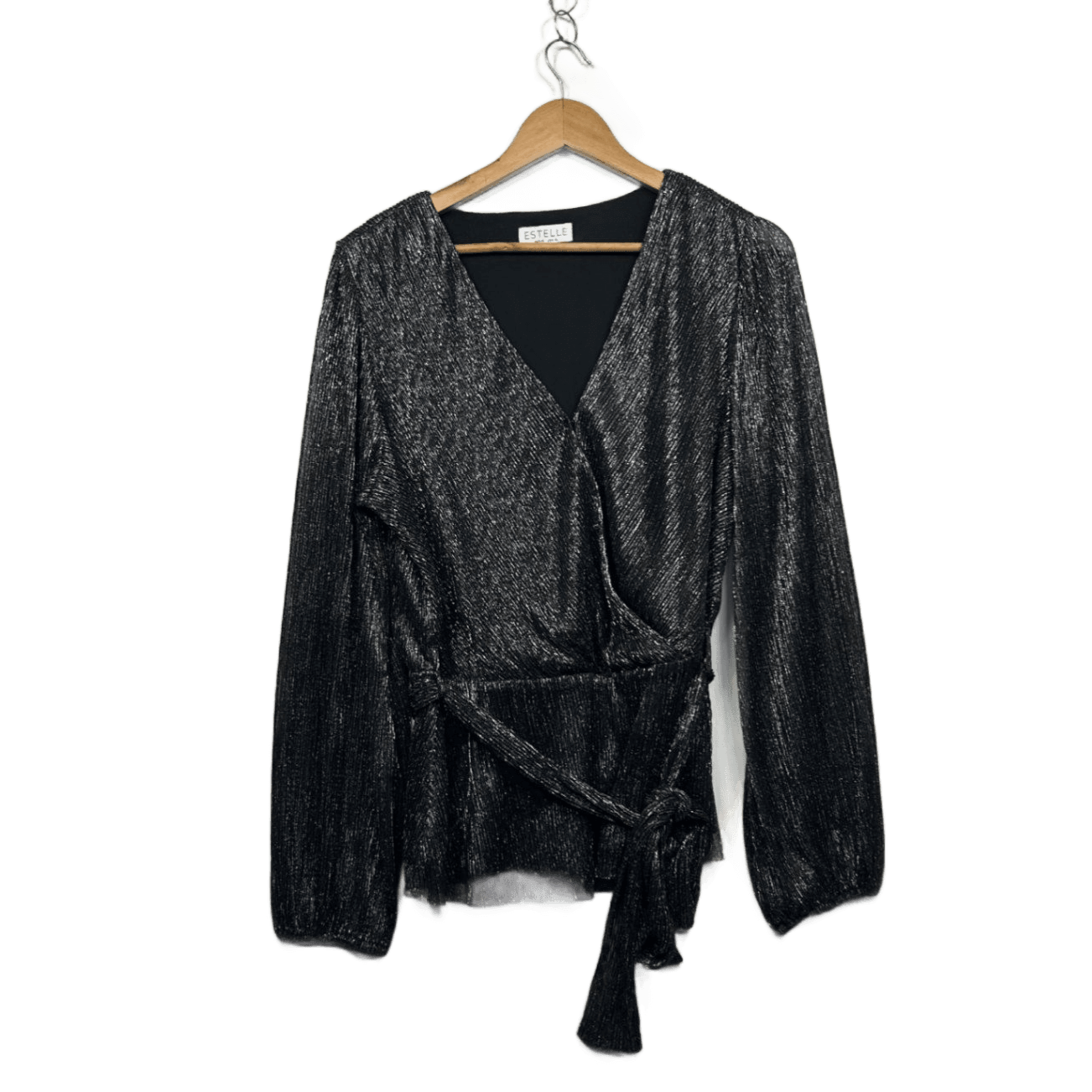 Estelle Black Long Sleeve V Neck Wrap Top Size AU 14 Plus Evening Cocktail