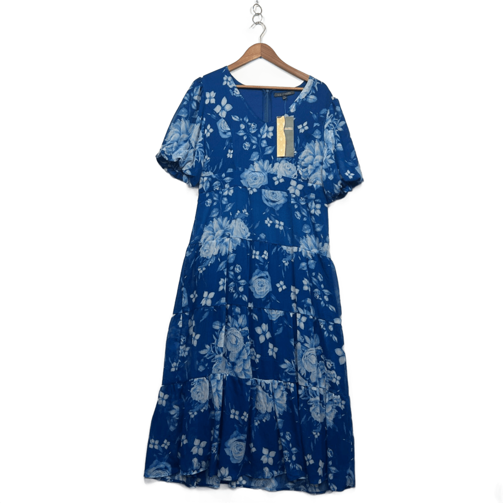 New Liz Jordan Blue Floral Waist Tie Short Sleeve Tiered Maxi Dress Size 14 Occasion