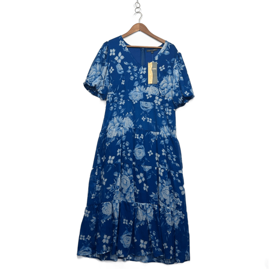 New Liz Jordan Blue Floral Waist Tie Short Sleeve Tiered Maxi Dress Size 14 Occasion