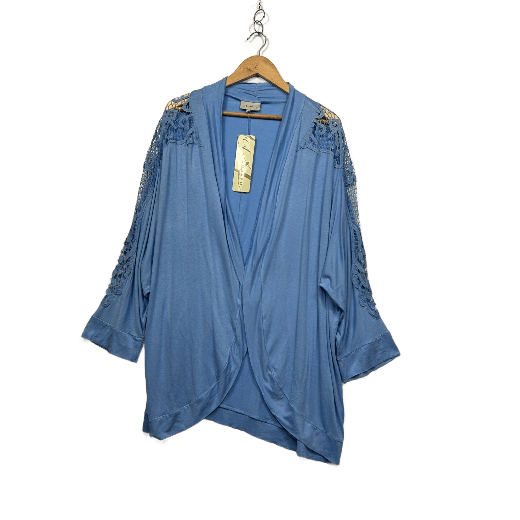 New Autograph Blue Viscose Blend Open Front Crochet Trim Kimono Cardigan Size 22
