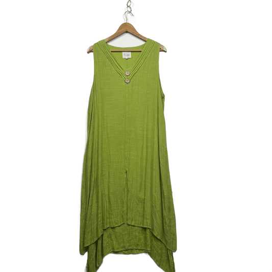 M.Style Green V-Neck Handkerchief Hem Layered Sleeveless Maxi Dress Size 18 Cotton
