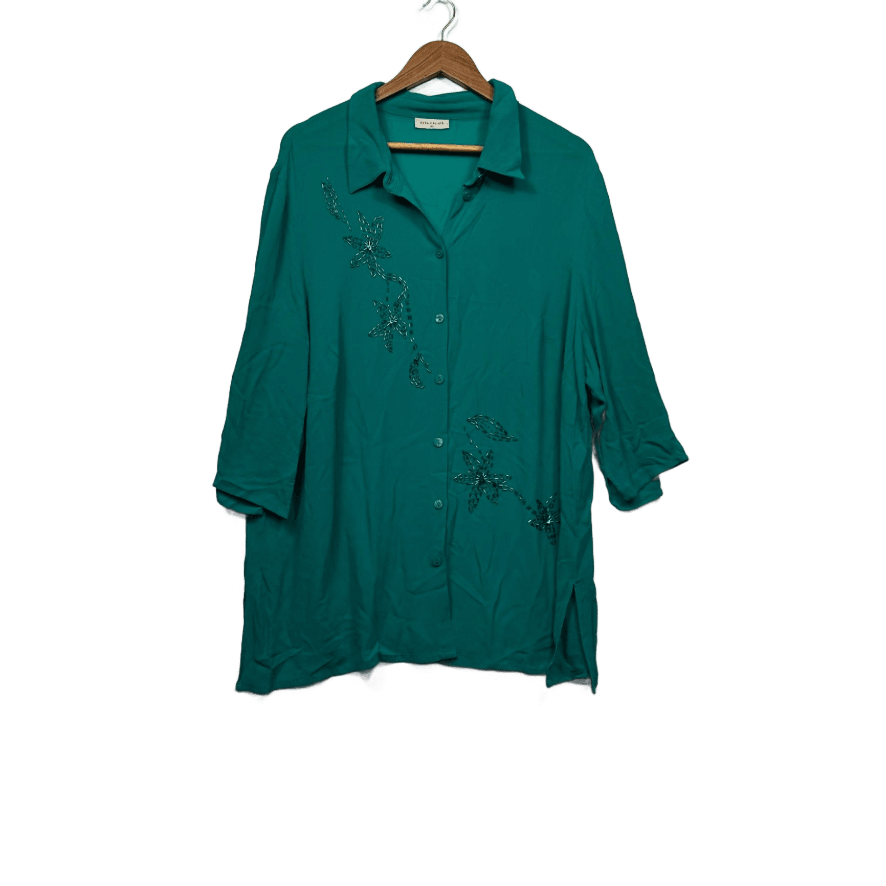 Susan Blake Button Up Green Long Sleeve Collared Beaded Shirt Blouse Size 20