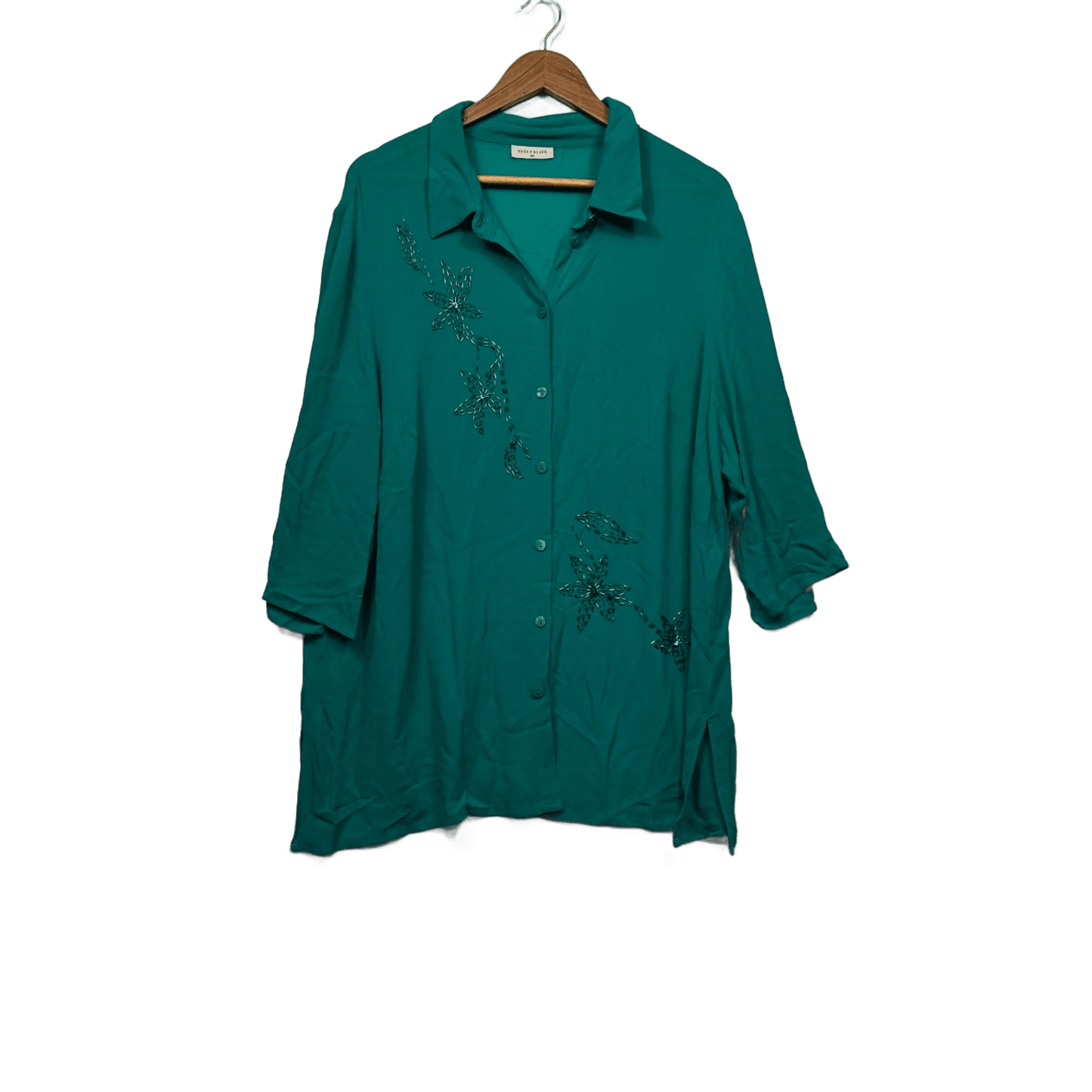 Susan Blake Button Up Green Long Sleeve Collared Beaded Shirt Blouse Size 20