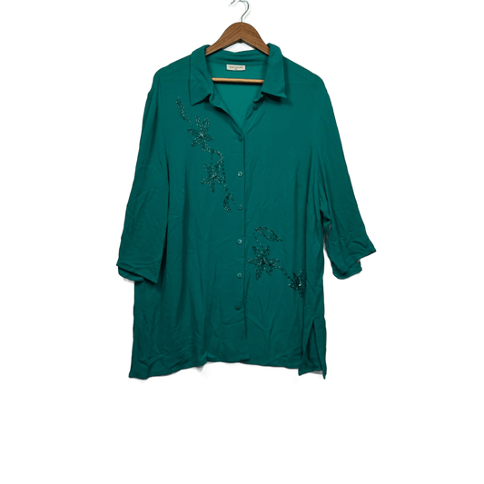 Susan Blake Button Up Green Long Sleeve Collared Beaded Shirt Blouse Size 20
