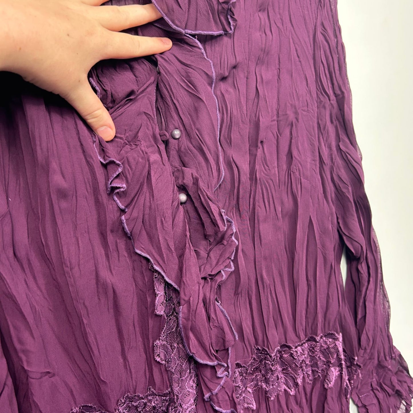 WOMAN Purple Long Sleeve Collared Crinkle Ruffle Top Blouse Size 22 Lace Trim
