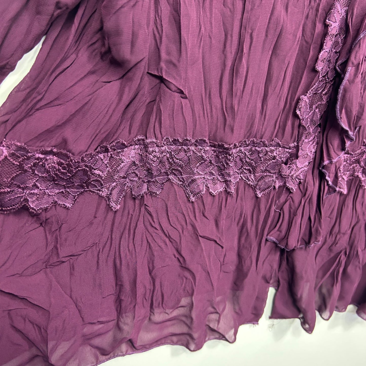 WOMAN Purple Long Sleeve Collared Crinkle Ruffle Top Blouse Size 22 Lace Trim