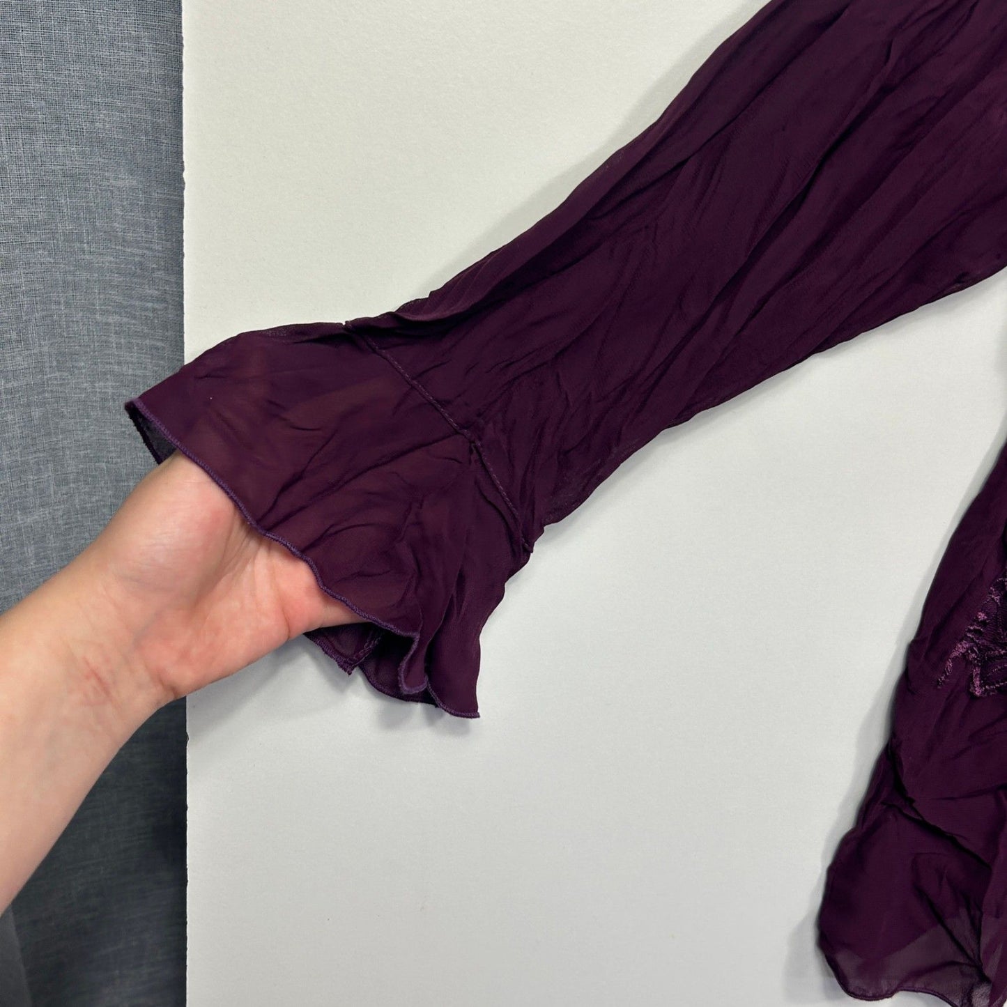 WOMAN Purple Long Sleeve Collared Crinkle Ruffle Top Blouse Size 22 Lace Trim