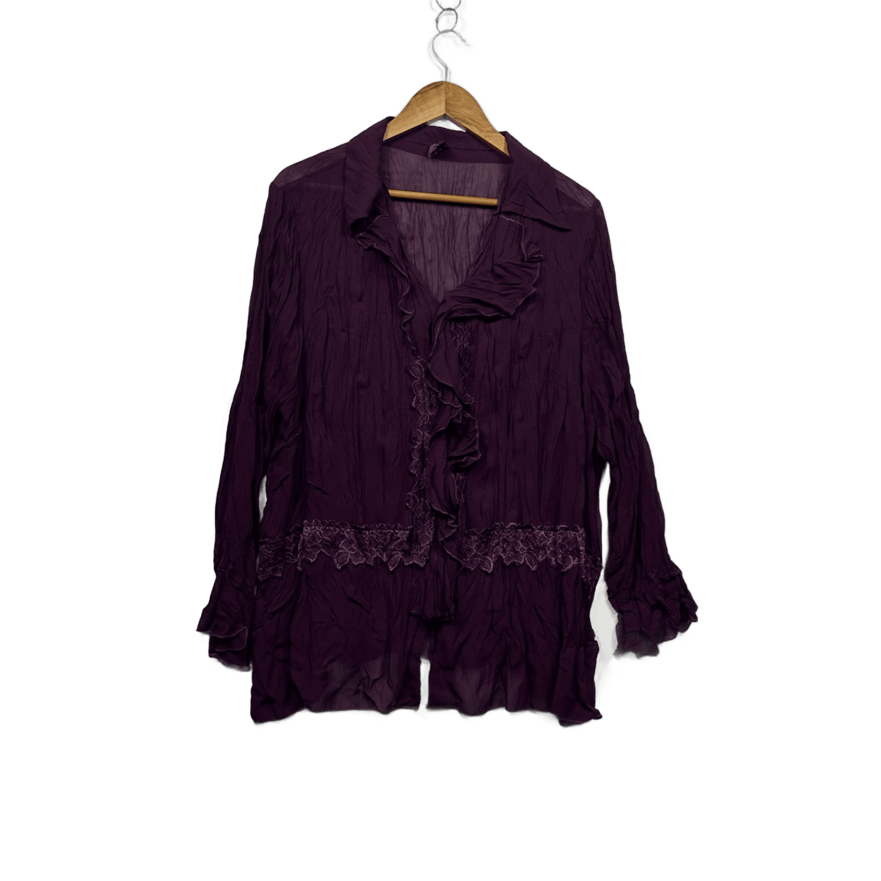 WOMAN Purple Long Sleeve Collared Crinkle Ruffle Top Blouse Size 22 Lace Trim