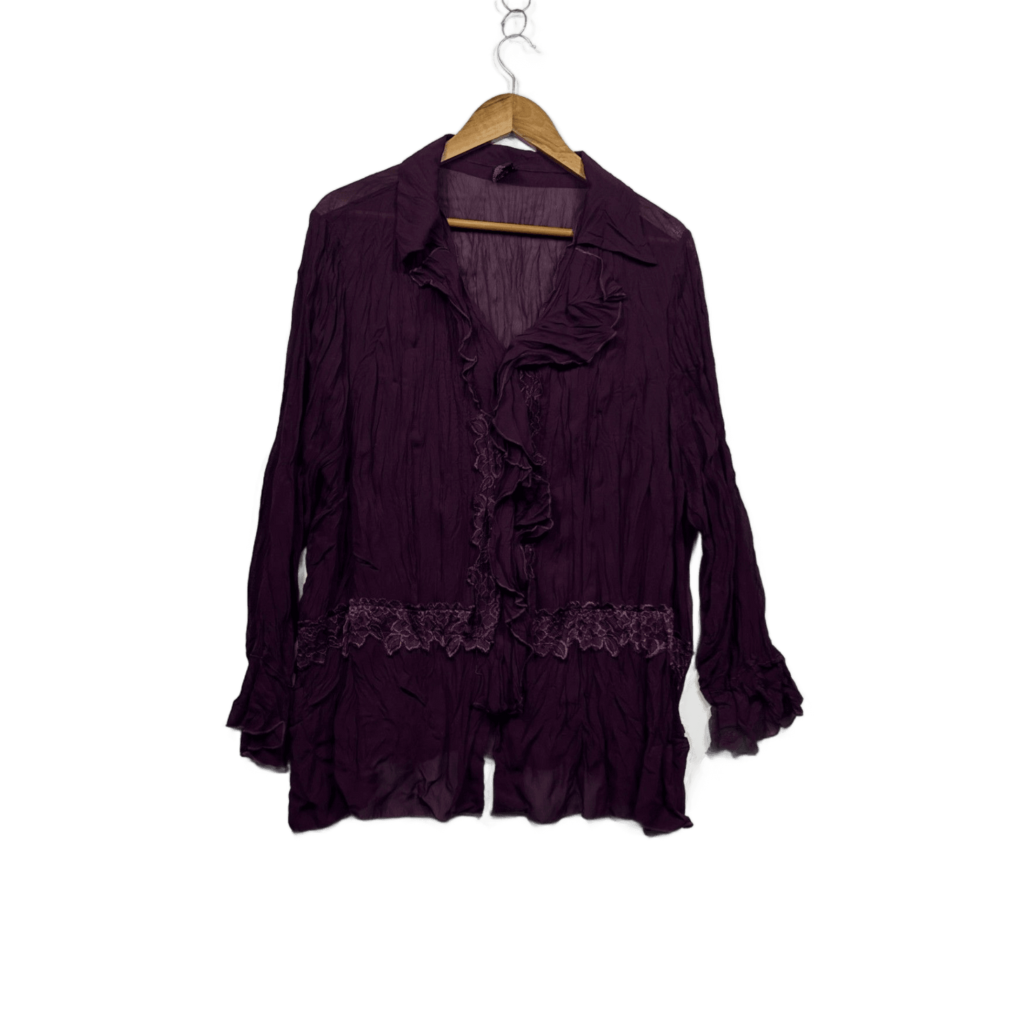 WOMAN Purple Long Sleeve Collared Crinkle Ruffle Top Blouse Size 22 Lace Trim