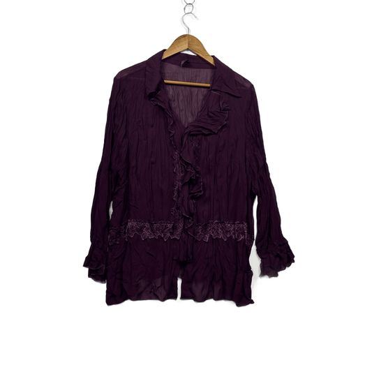 WOMAN Purple Long Sleeve Collared Crinkle Ruffle Top Blouse Size 22 Lace Trim