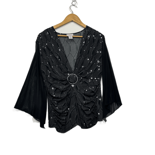 Dori Women's Black Long Sleeve V Neck Embellished Evening Top Blouse Size 16