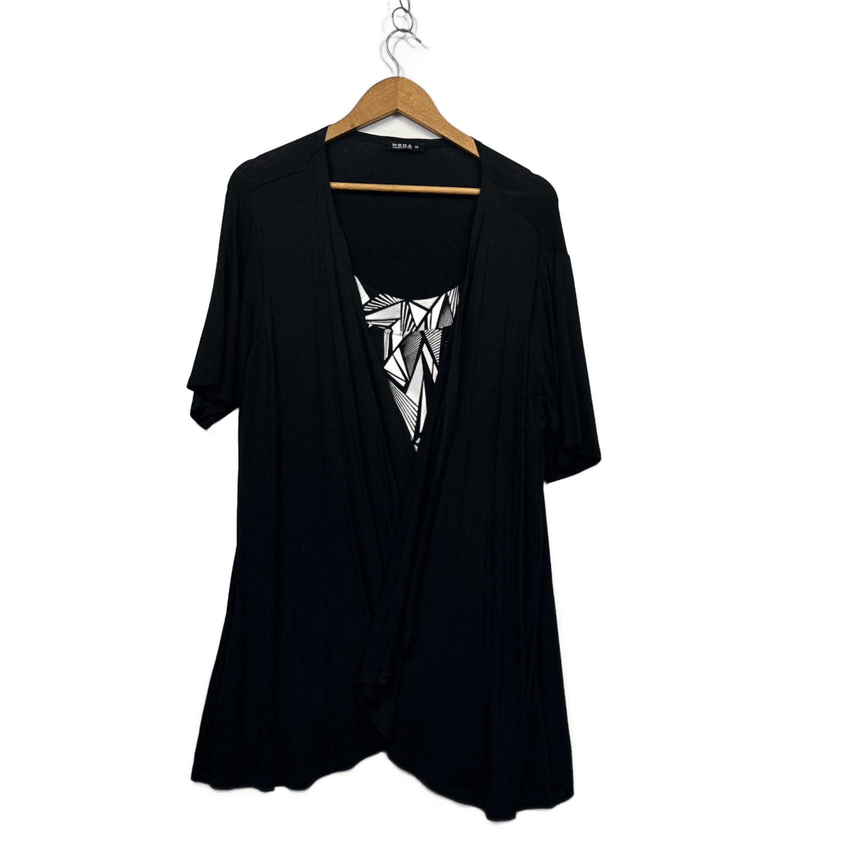 MODA Women's Black Short Sleeve Open Front Overlay Tunic Top Size 16