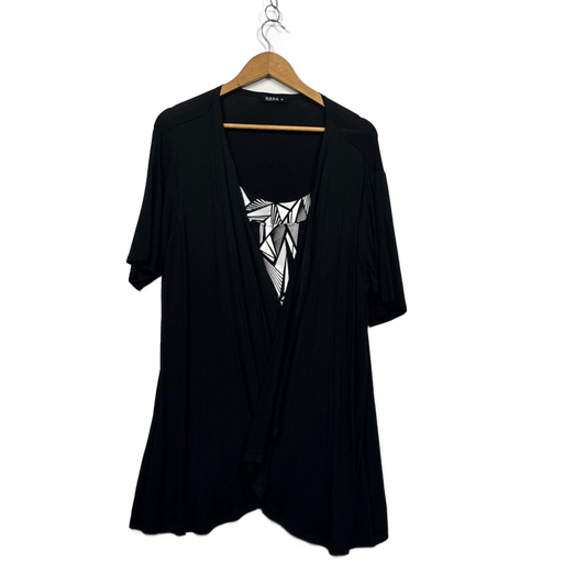 MODA Women's Black Short Sleeve Open Front Overlay Tunic Top Size 16