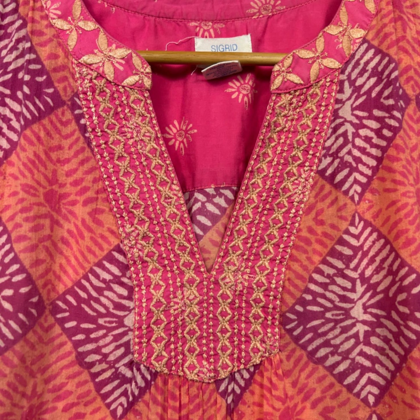 Sigrid Olsen Pink Orange Sleeveless Embroidered Boho Top Size 14