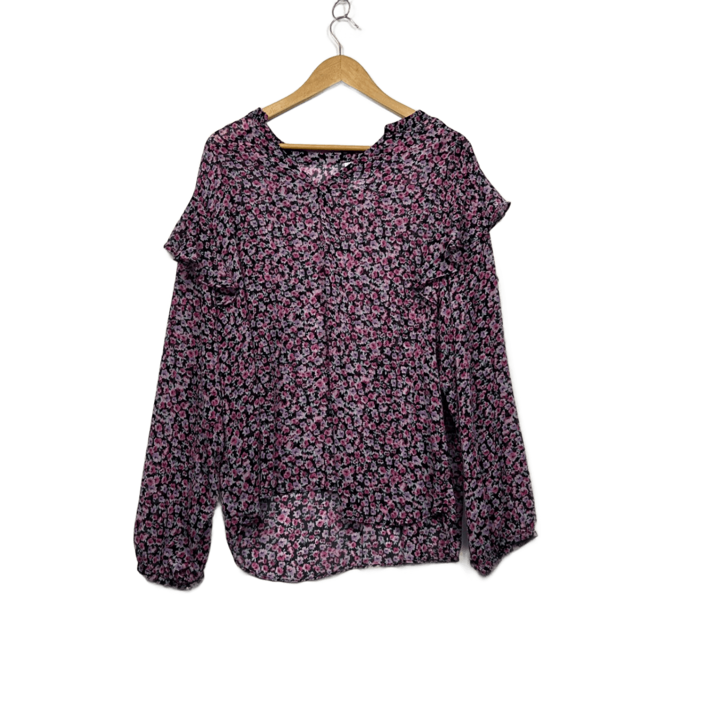 Anko Black Pink Floral Long Sleeve Ruffle Blouse Top Size 18