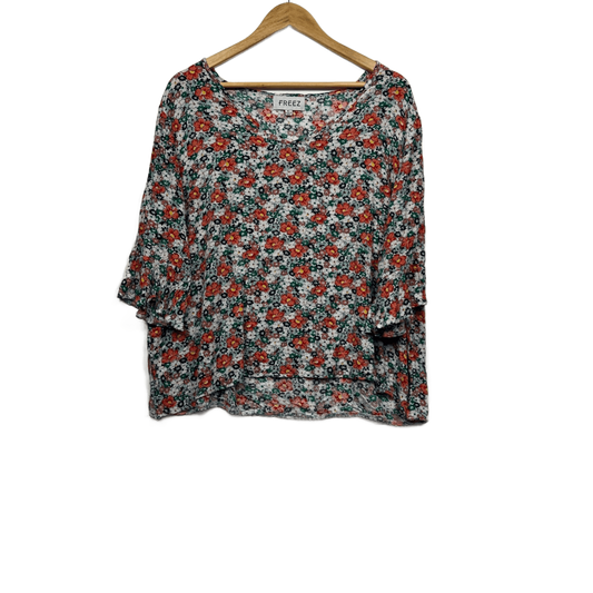 FREEZ Multicoloured Rayon 3/4 Sleeve Floral Rayon Boho Blouse Size XL 14 16