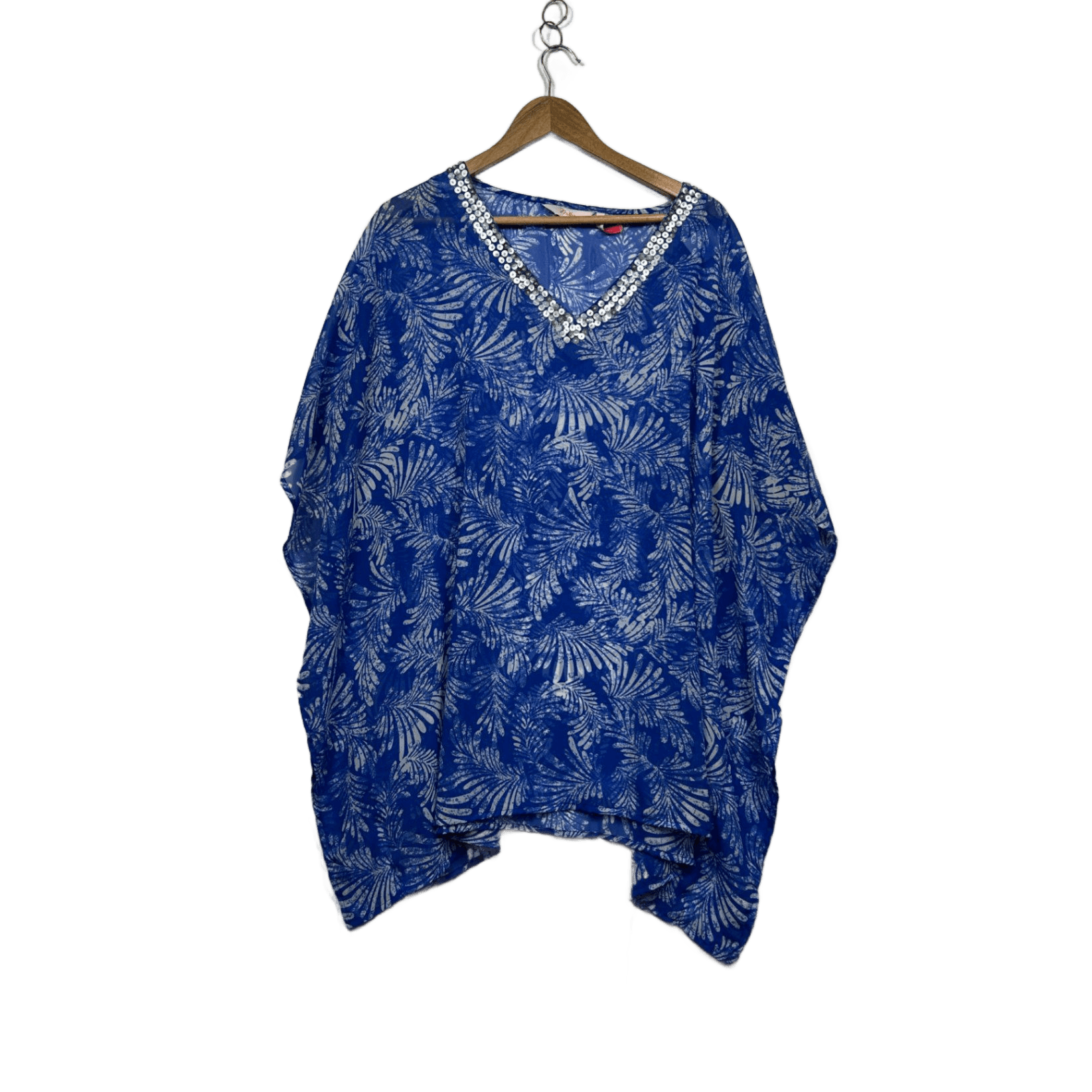 Millers Kaftan Top Size 22 Sequins Blue Leaf Print Short Sleeve