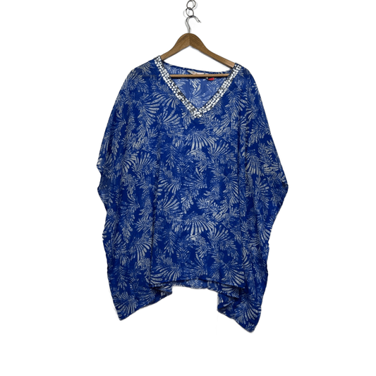 Millers Kaftan Top Size 22 Sequins Blue Leaf Print Short Sleeve