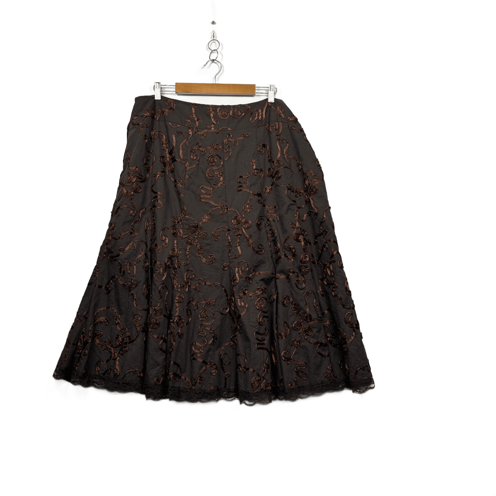 Liz Jordan Chocolate Brown A-Line Skirt Size 14-16 Scroll Floral Appliqué Detailing