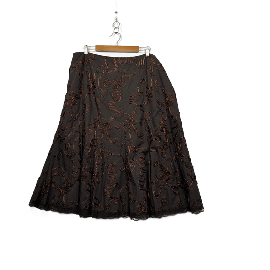 Liz Jordan Chocolate Brown A-Line Skirt Size 14-16 Scroll Floral Appliqué Detailing