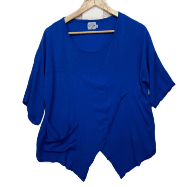 Sea of Love Blue Short Sleeve Rayon Asymmetric Hem Top Blouse Size 14 Large
