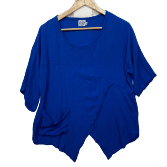 Sea of Love Blue Short Sleeve Rayon Asymmetric Hem Top Blouse Size 14 Large