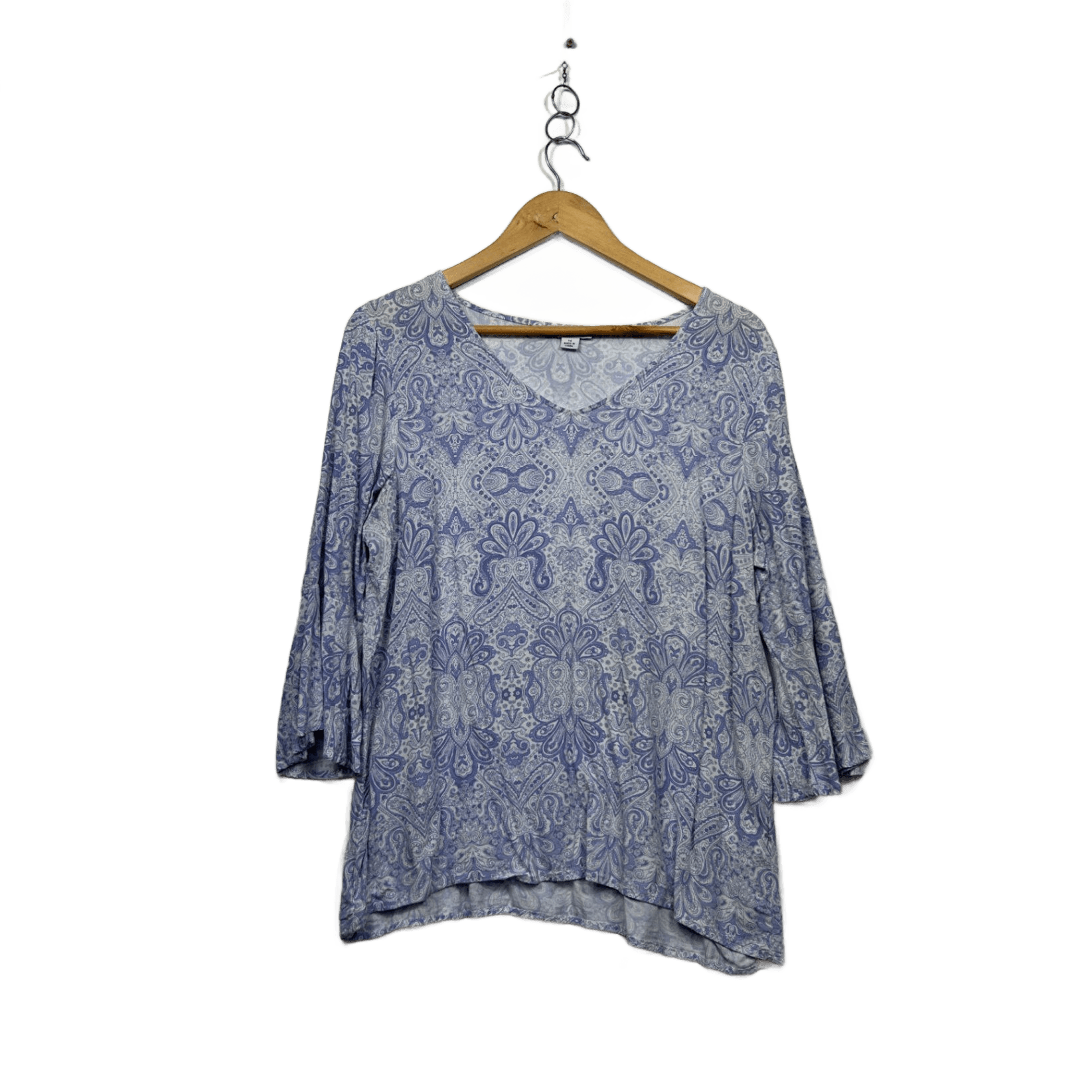 Rockmans Womens Blue Viscose 3/4 Bell Sleeve V-Neck Paisley Top Size 14