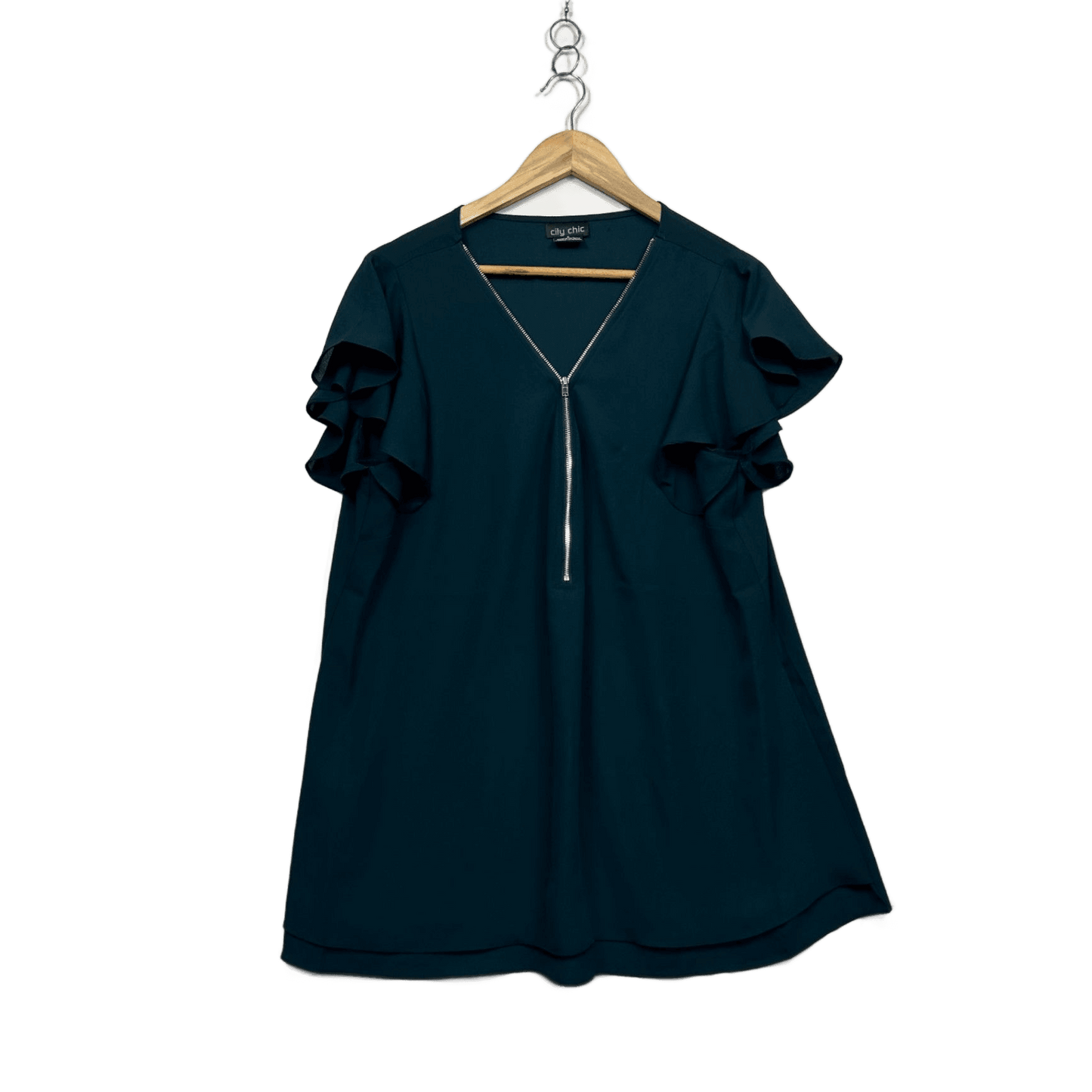 City Chic Teal Blue Short Sleeve Flutter Sleeve Top Size 16 Plus Small