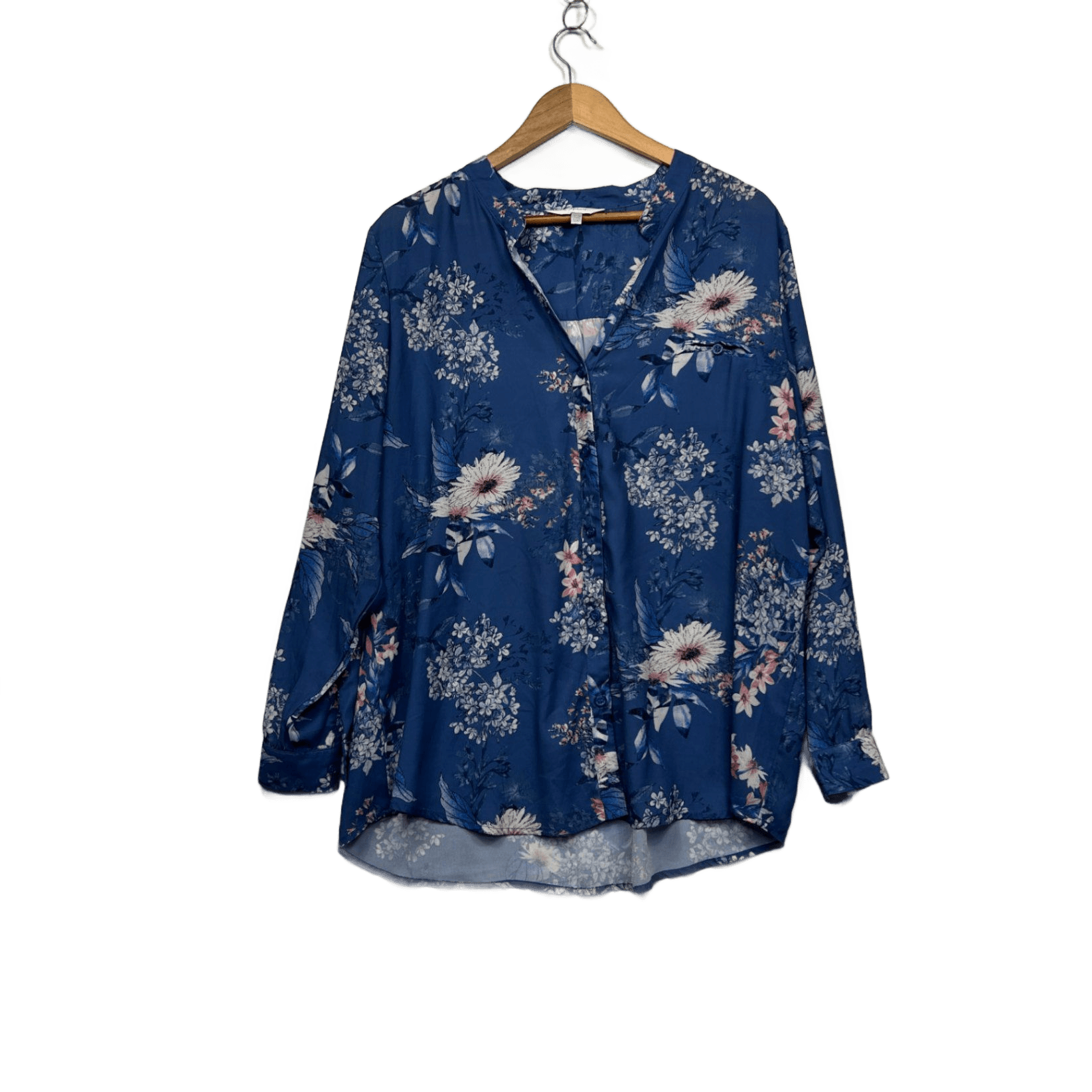 Capture Blue Long Sleeve V-Neck Floral Blouse Top Size 20
