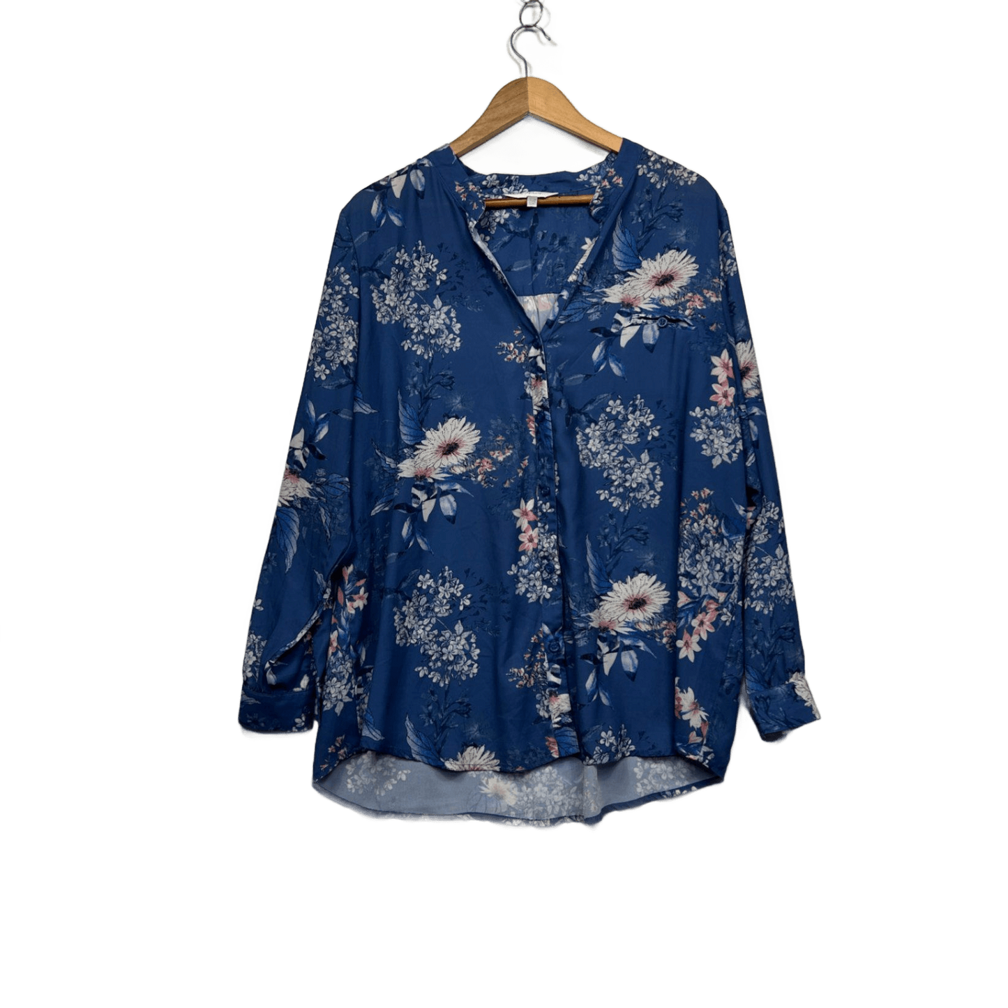 Capture Blue Long Sleeve V-Neck Floral Blouse Top Size 20