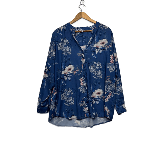 Capture Blue Long Sleeve V-Neck Floral Blouse Top Size 20