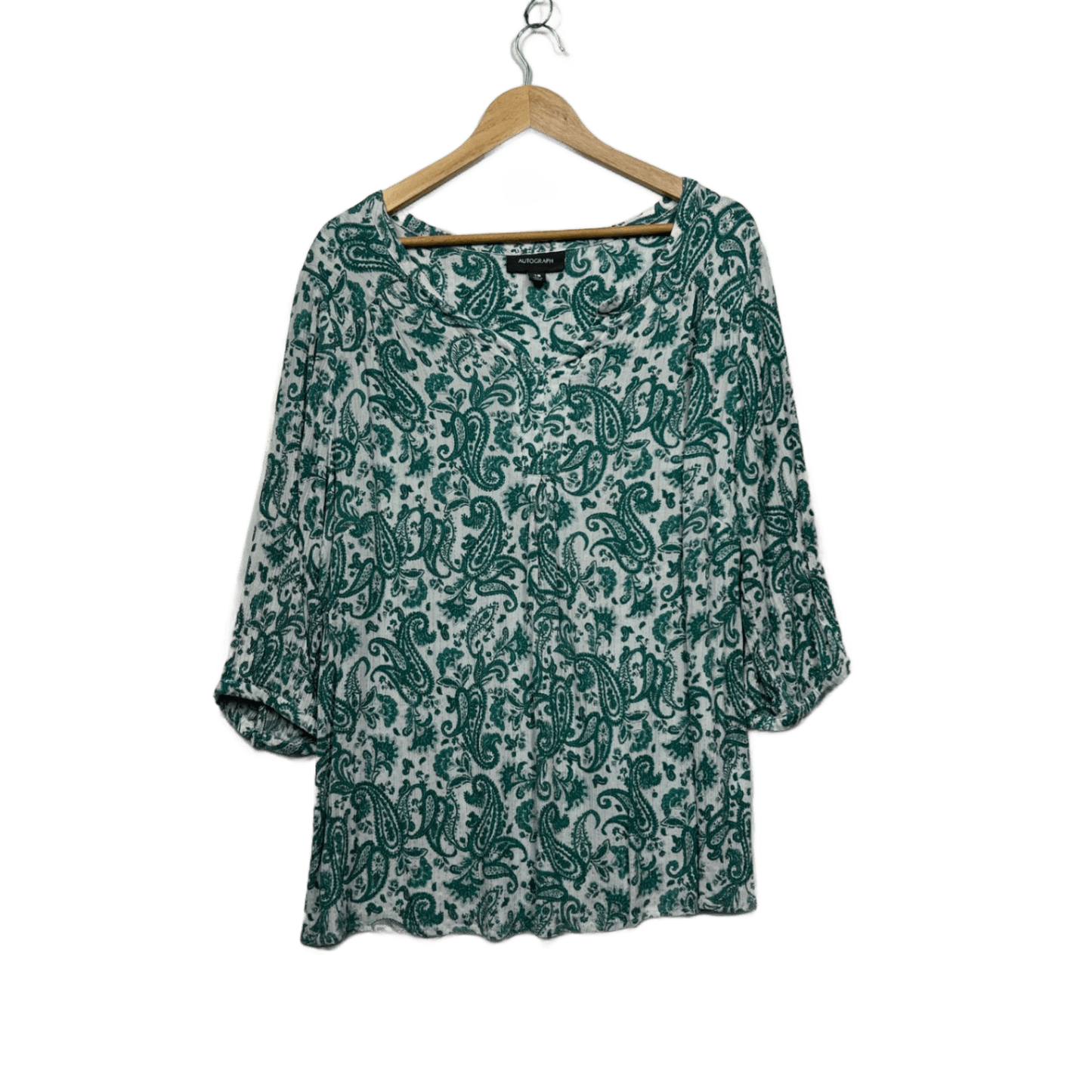 Autograph Women's Green White 3/4 Sleeve Paisley Print Blouse Top Size 18
