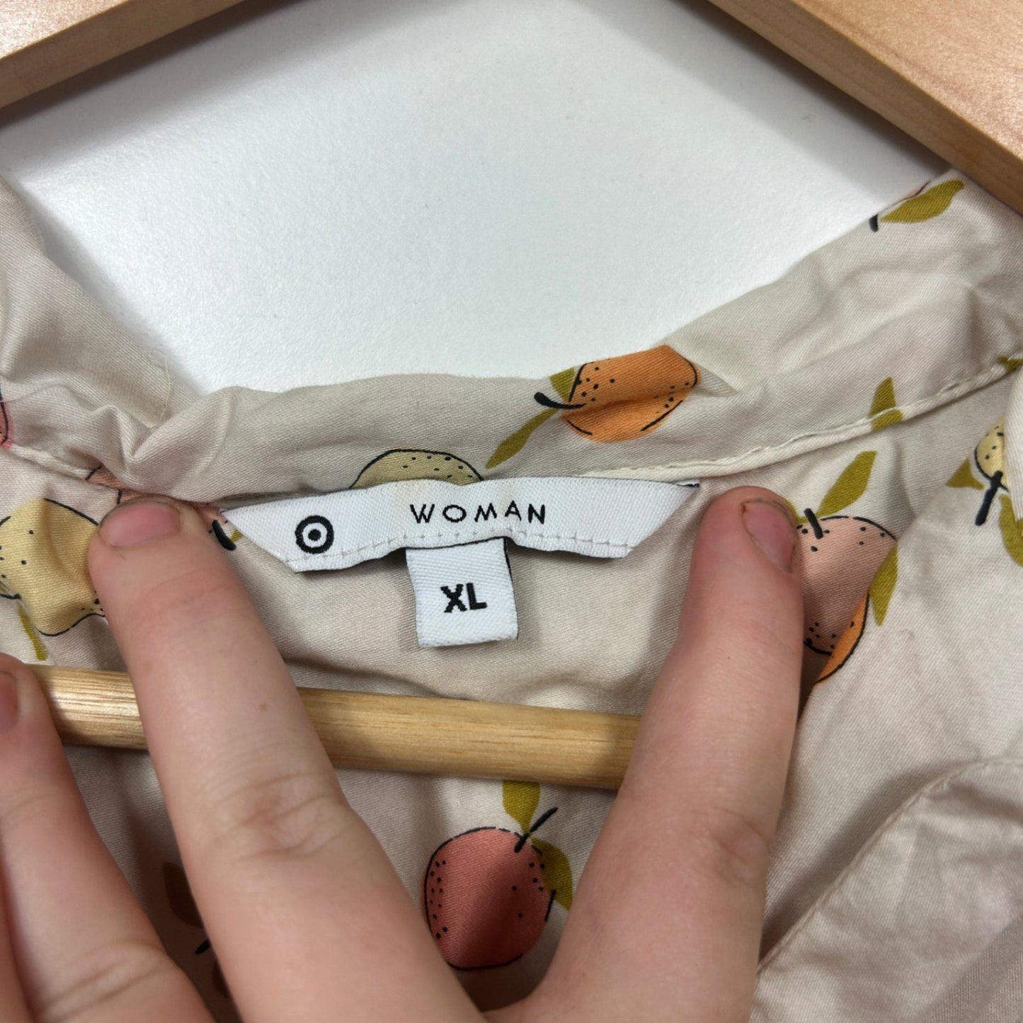 Target Beige Cotton Short Sleeve Collared Button Up Top Size XL Fruits