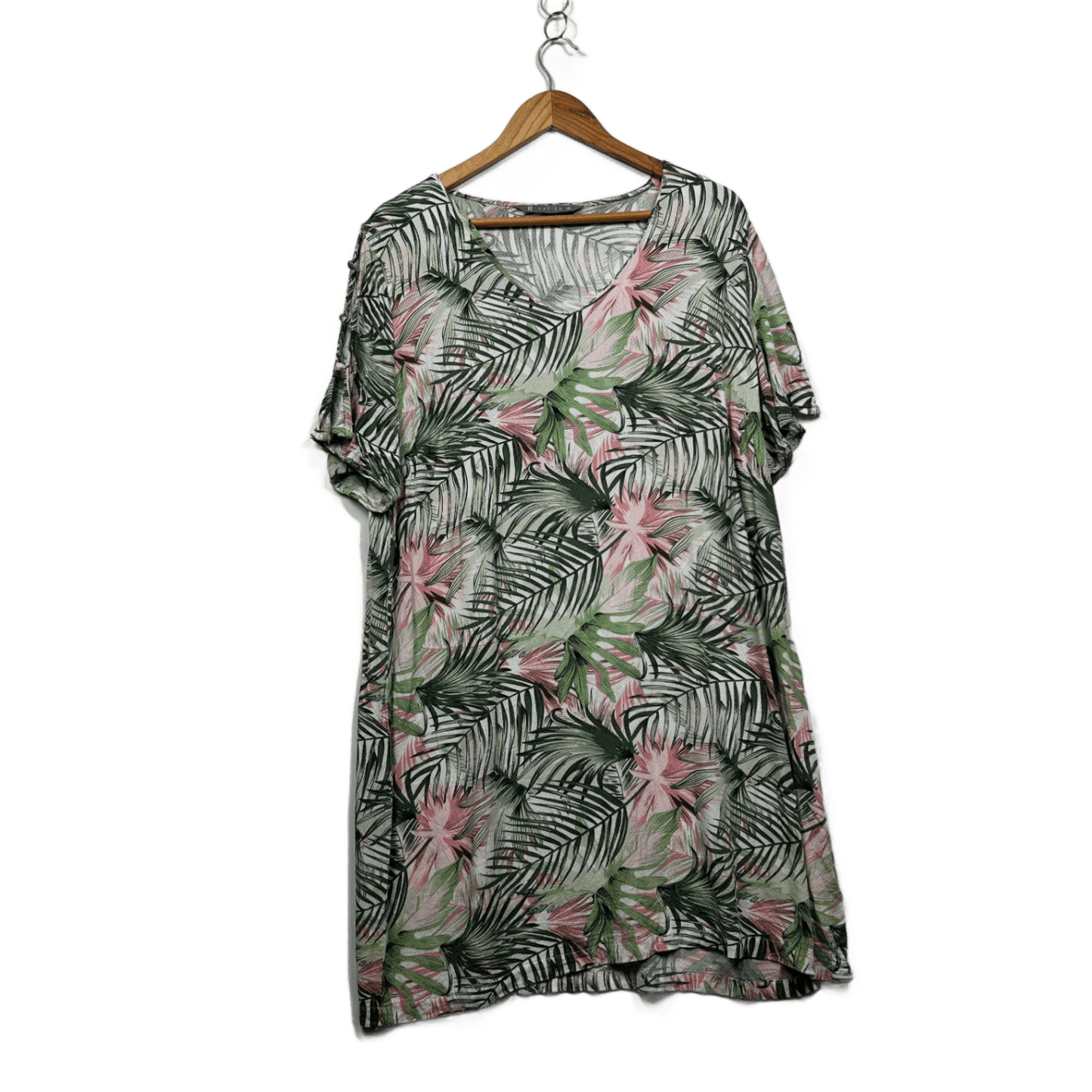 Katies Green Pink White Short Sleeve Viscose Tropical Floral Dress Size 18