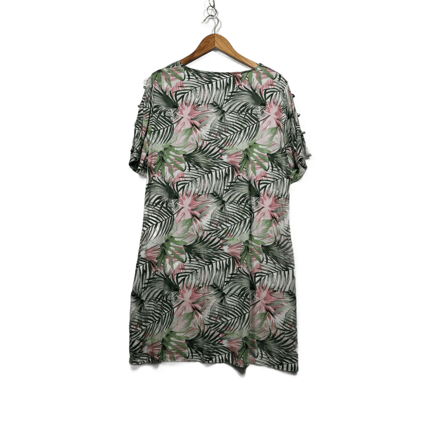 Katies Green Pink White Short Sleeve Viscose Tropical Floral Dress Size 18