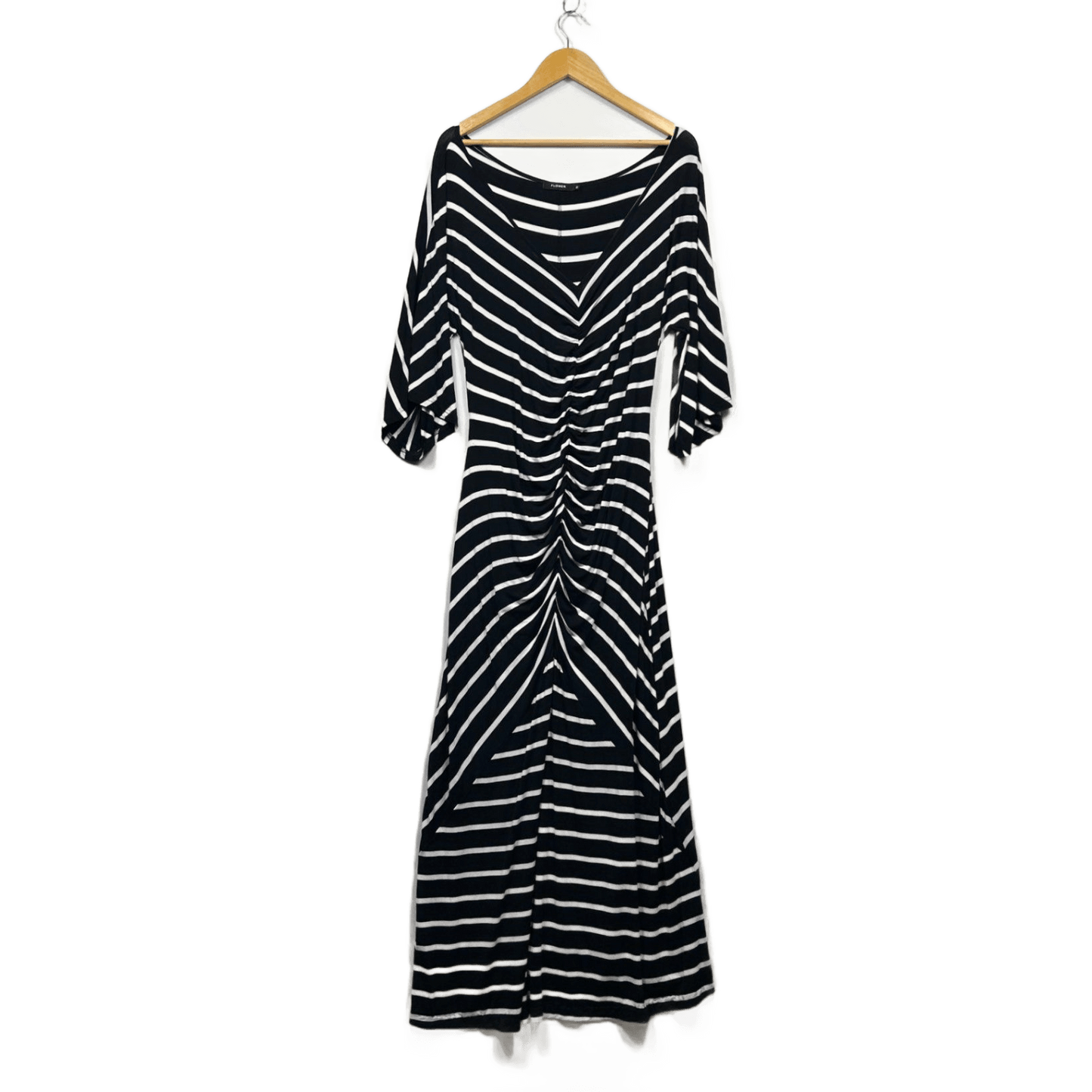 Flower Womens Black White Long Sleeve Striped Rayon Dress Size 16 Stretch